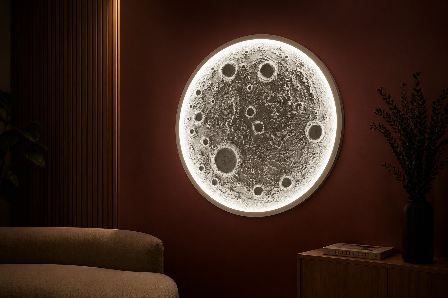 Luna iluminada artesanal SELUNA en salón de lujo, cuadro luna LED de gran formato