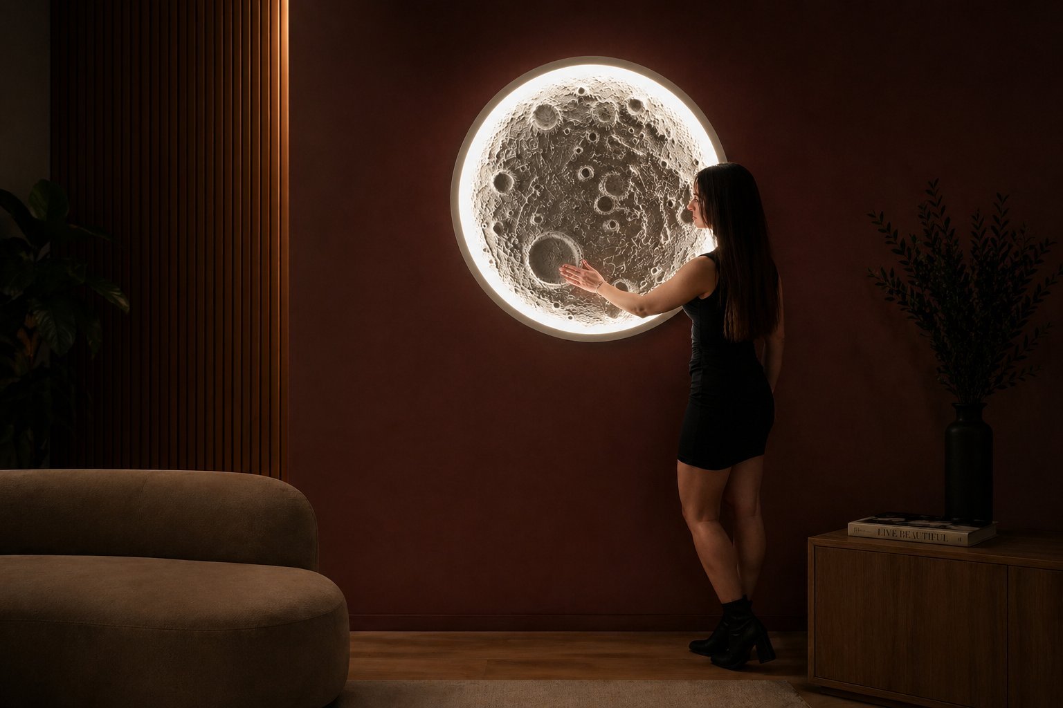Lámpara luna iluminada artesanal en salón, decoración lunar exclusiva
