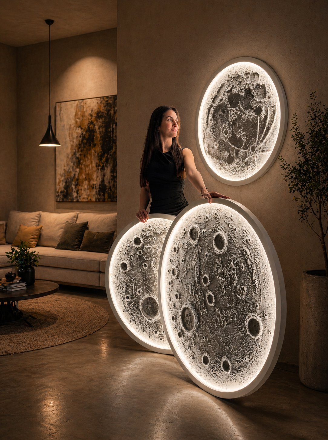 Lunas iluminadas artesanales SELUNA en taller, fabricación de cuadros luna LED