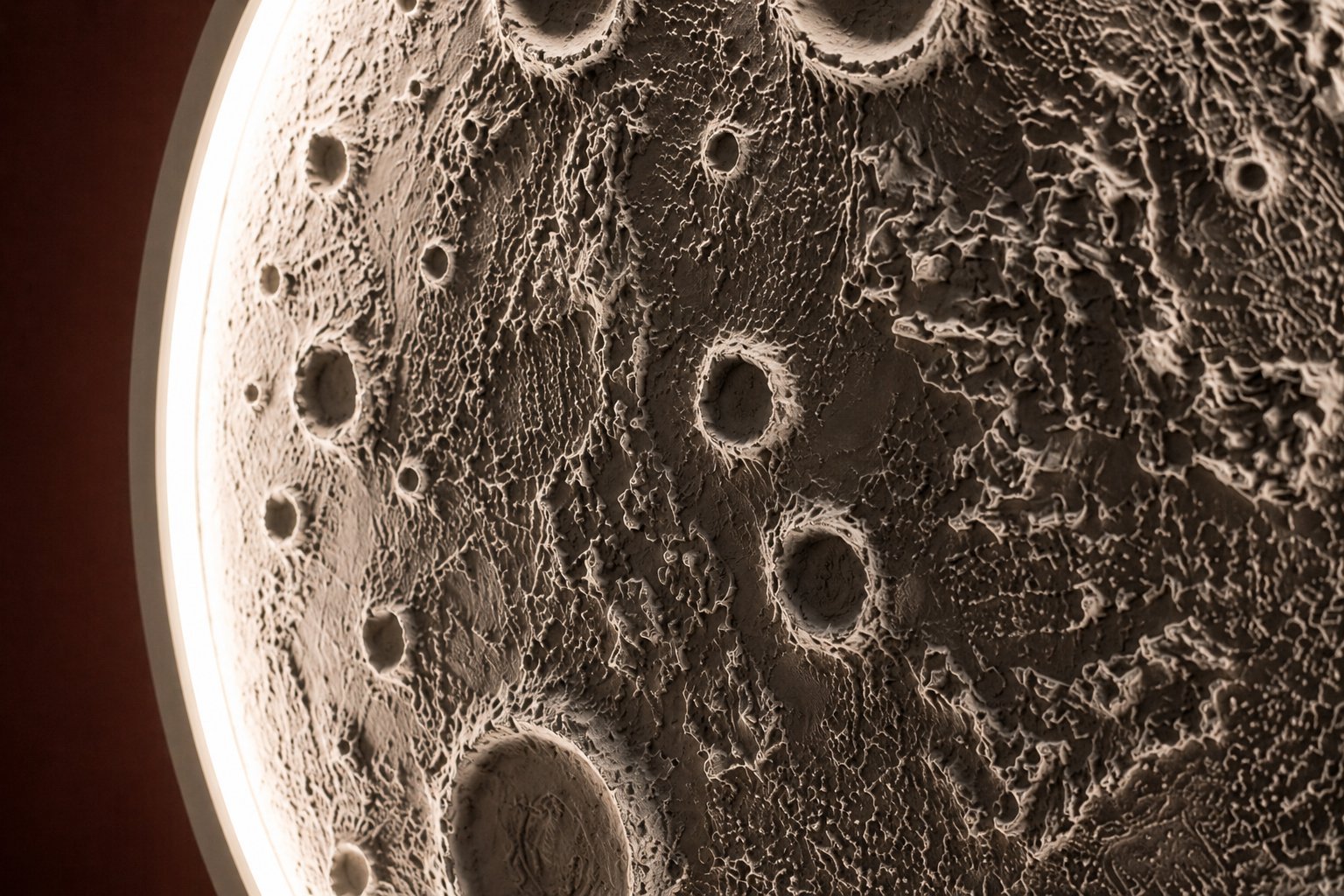 Textura lunar artesanal hecha a mano, detalle de cuadro luna LED SELUNA